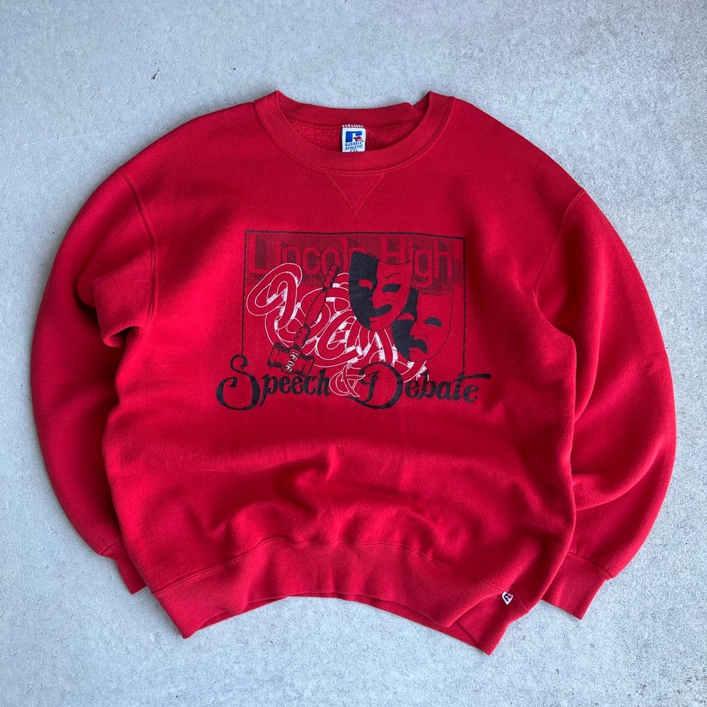 Vintage 90s Russell Athletic Red Graphic Men's Crewneck Sweater Made in USA 🇺🇸